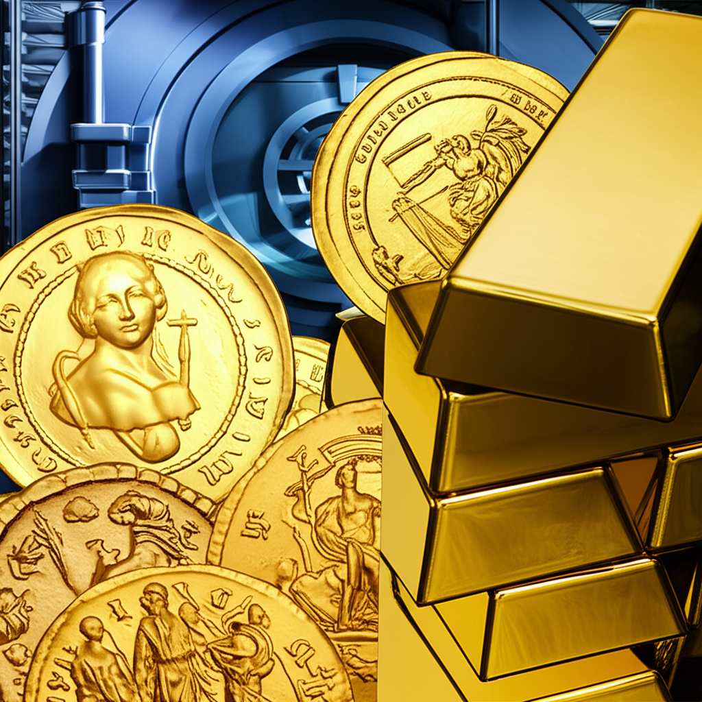 古今黃金象徵財富與穩定,背景為全球經濟不確定性與央行金庫