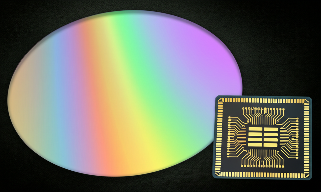 閃耀矽晶圓旁邊的精細成品晶片,強調從基本半導體材料轉化為複雜電子產品的過程