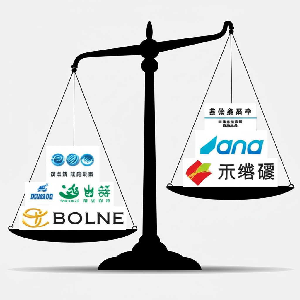 上證指數市值加權計算秤子插圖,不同大小公司標誌代表銀行與能源企業的權重影響