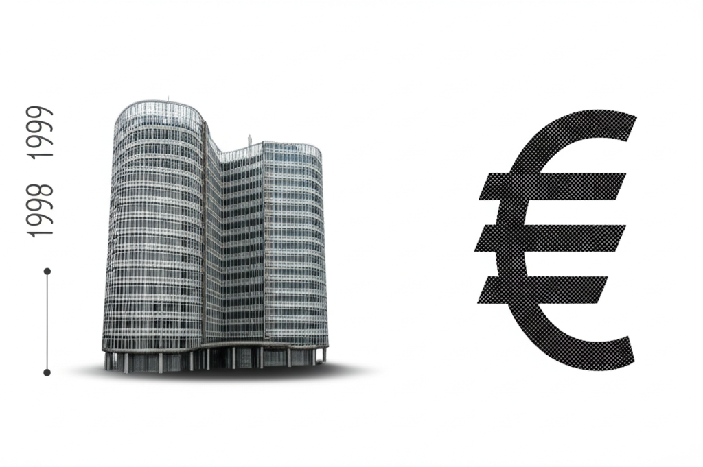 歐洲中央銀行法蘭克福總部現代插圖,包含1998與1999年時間線及歐元符號,象徵其在歐元區的角色