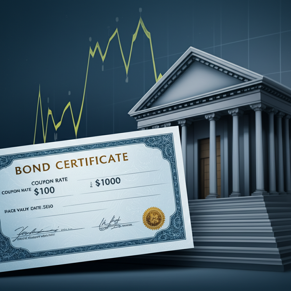 債券憑證與市場利率圖表插圖,包含票面利率、到期日與央行影響