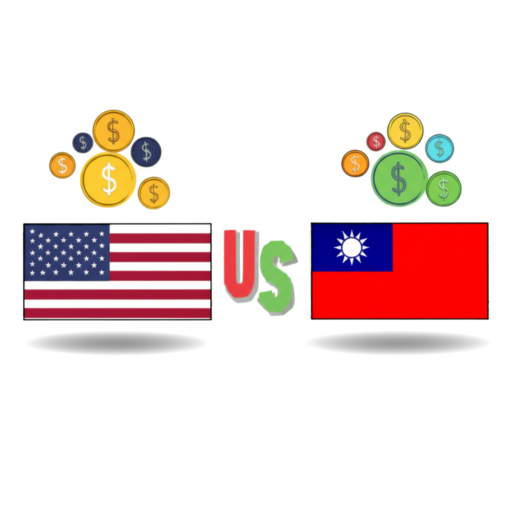 美國與台灣金融系統的股息差異插圖，美國旗與台灣旗上方不同股息圖示