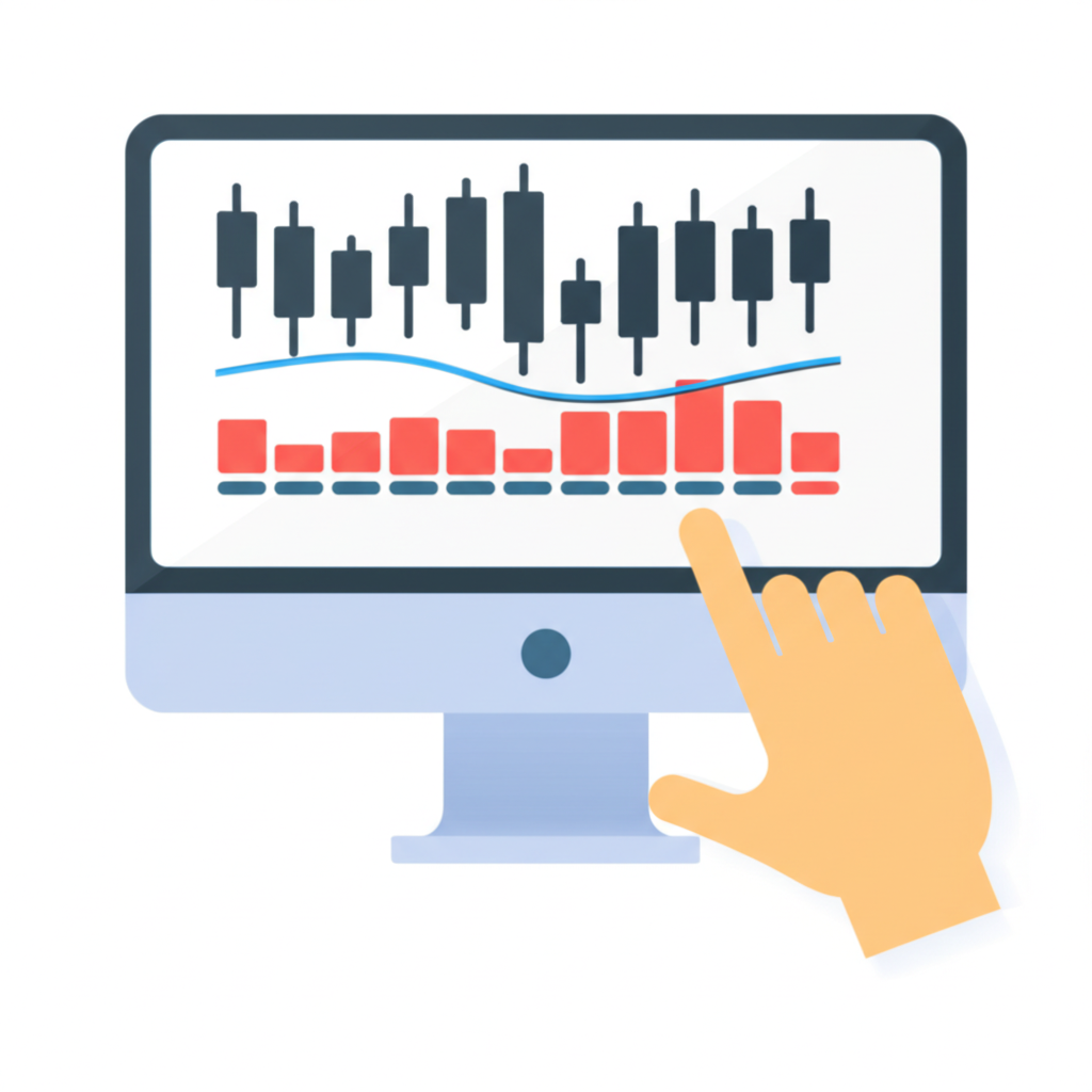 股票圖表顯示成交量指標,彩色柱狀圖與移動平均線