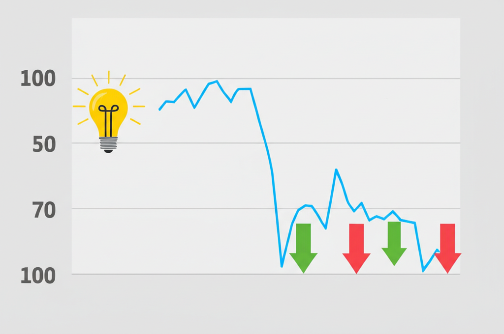 RSI線在0到100間波動,箭頭顯示買賣力量,早起訊號燈泡圖示
