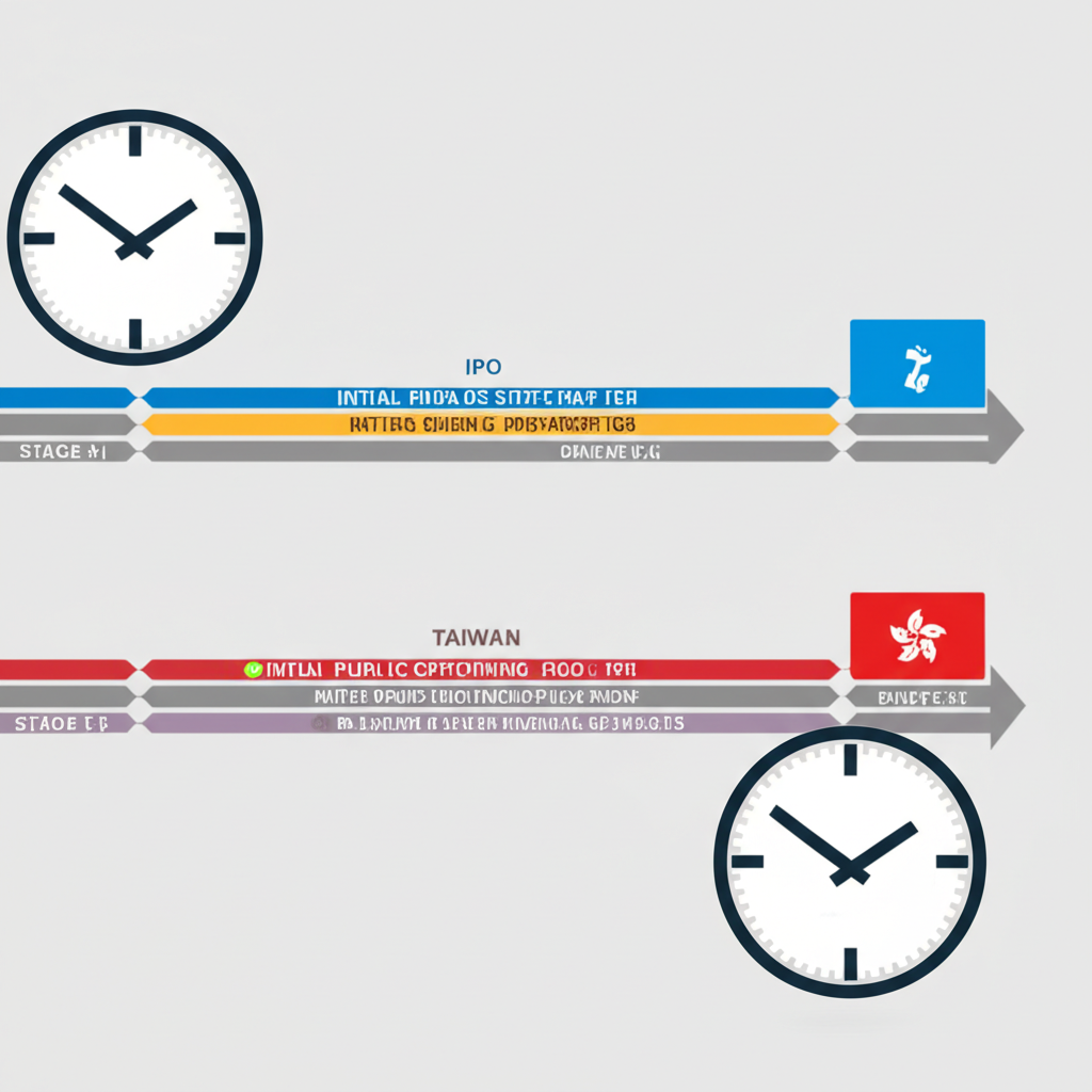 台灣與香港IPO階段時間線比較插圖,鐘錶圖示顯示不同持續時間
