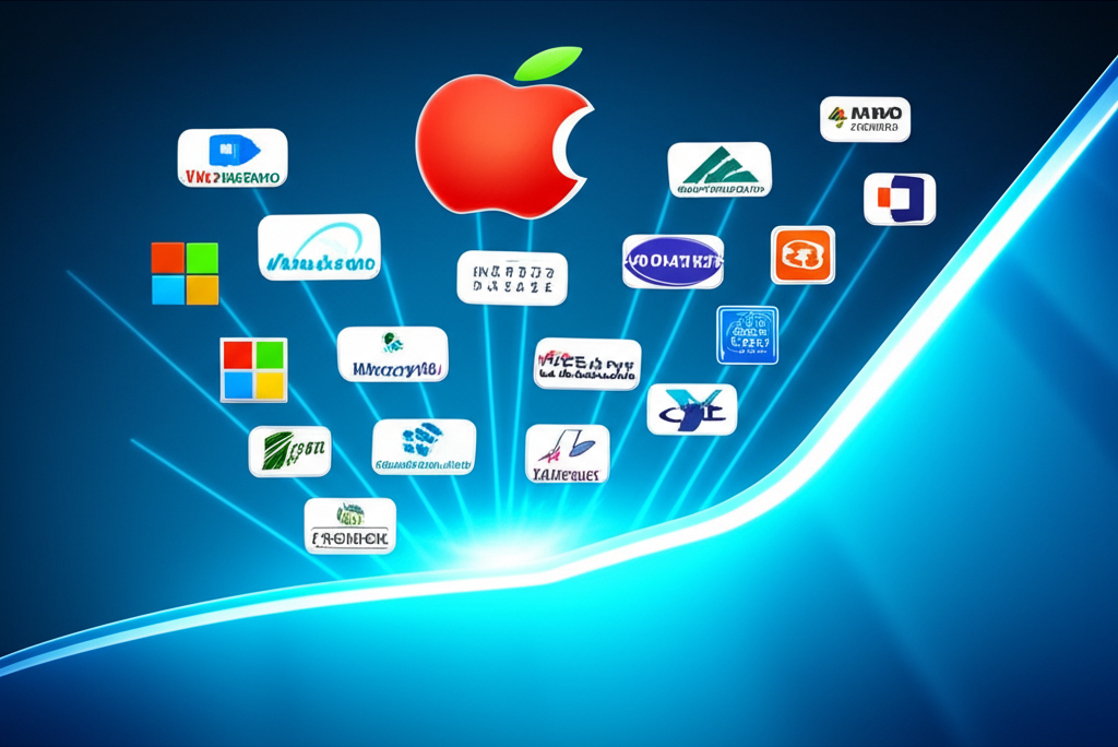 Nasdaq 100 指數創新與成長圖示,展示科技公司標誌與股票走勢