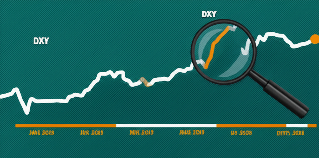 美元指數時間線圖，標註全球經濟時期與當前位置放大檢視