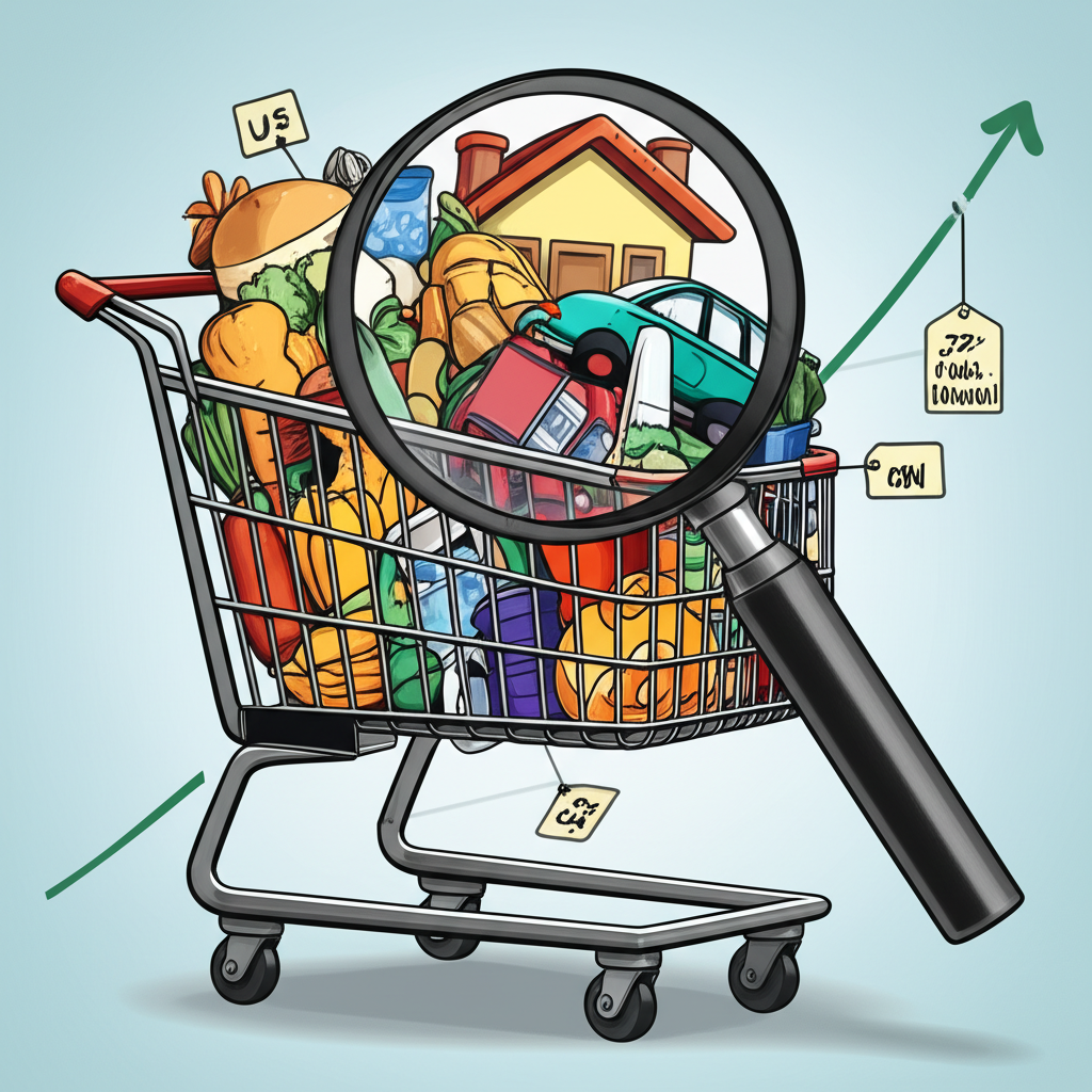 購物車裝滿食品、住房、交通等消費品,放大鏡檢視價格標籤,圖表顯示CPI上漲趨勢代表通膨