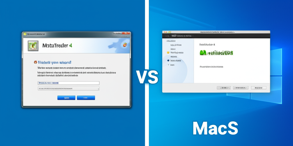 MetaTrader 4 在 Windows 與 macOS 的安裝步驟,分屏顯示 Windows 簡單精靈與 macOS 的 Wine 或虛擬機設定