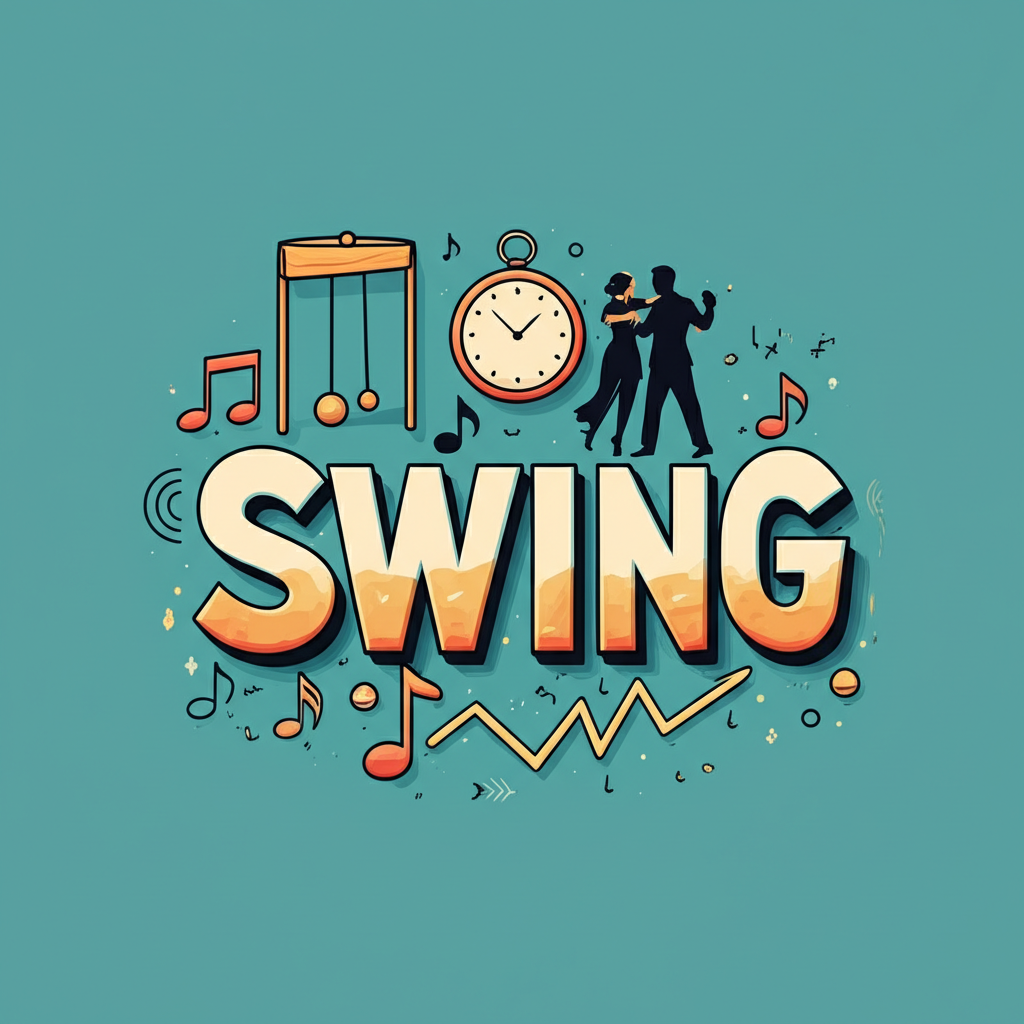 Swing 詞的多重含義插圖,包含鐘擺、音樂符號、舞蹈情侶與股市圖表