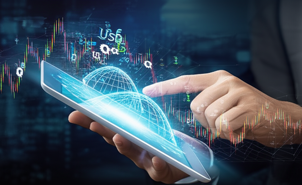 數位橋樑連接投資者平板與全球外匯市場的插圖,即時數據流與貨幣交換符號突顯軟體的關鍵連結角色