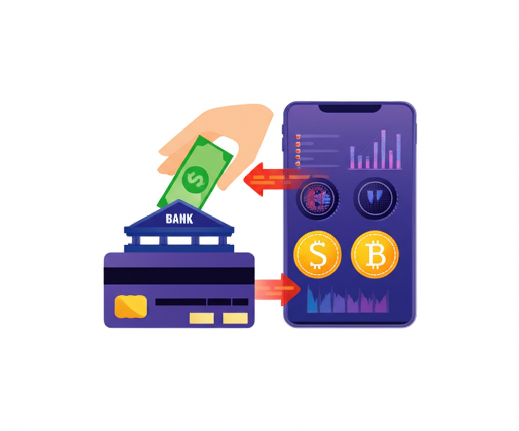 手將資金從銀行帳戶推入數位交易帳戶的插圖，象徵安全順暢的投資資金轉移