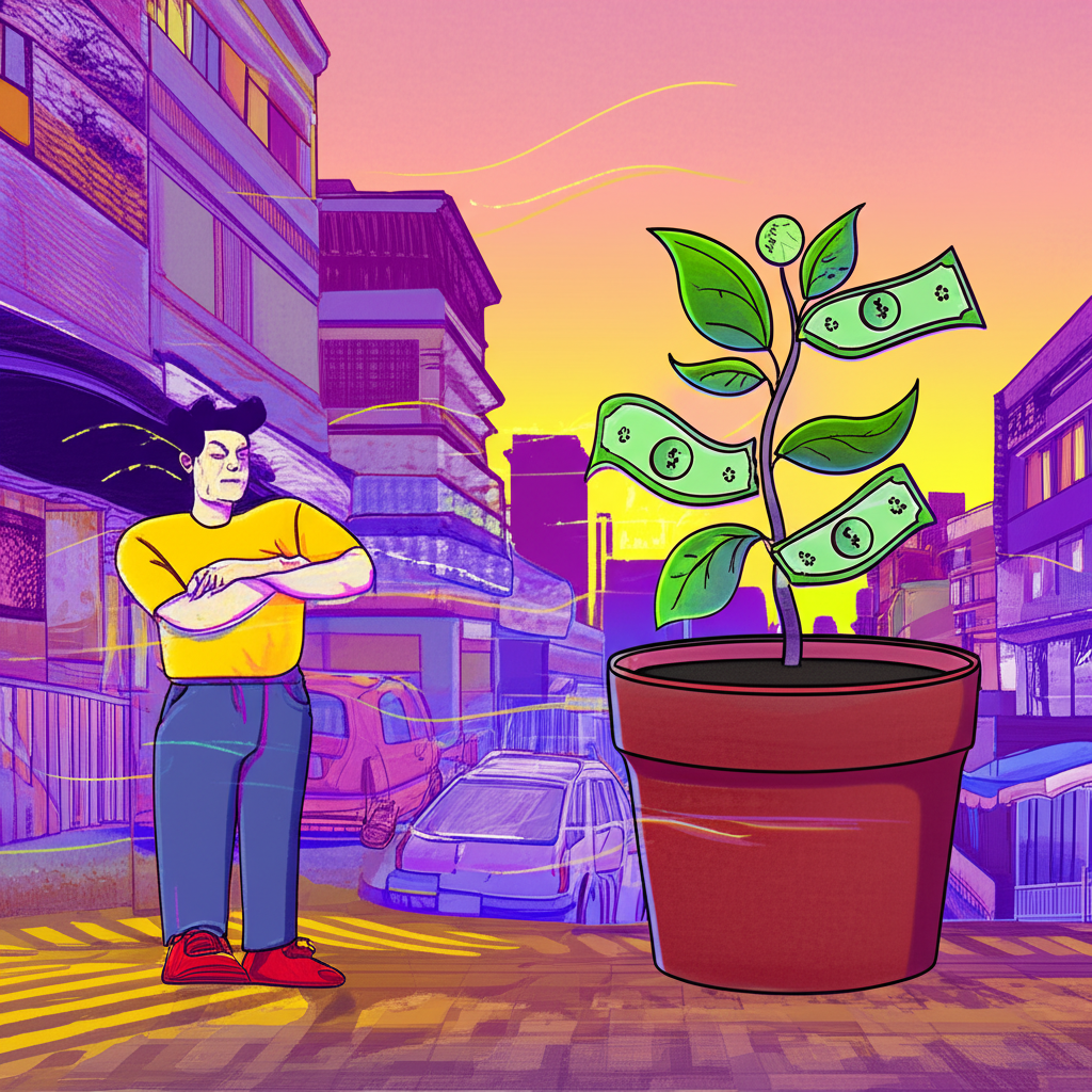 一位人堅定抵擋強風象徵通貨膨脹,同時小金錢植物在台灣或香港般的活力市場中穩穩生長