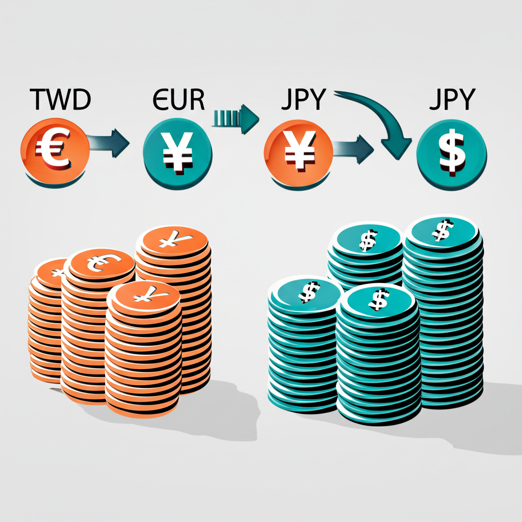 外幣如美元、歐元、日圓轉換為本地貨幣新台幣或港幣的圖示,代表結匯的核心概念