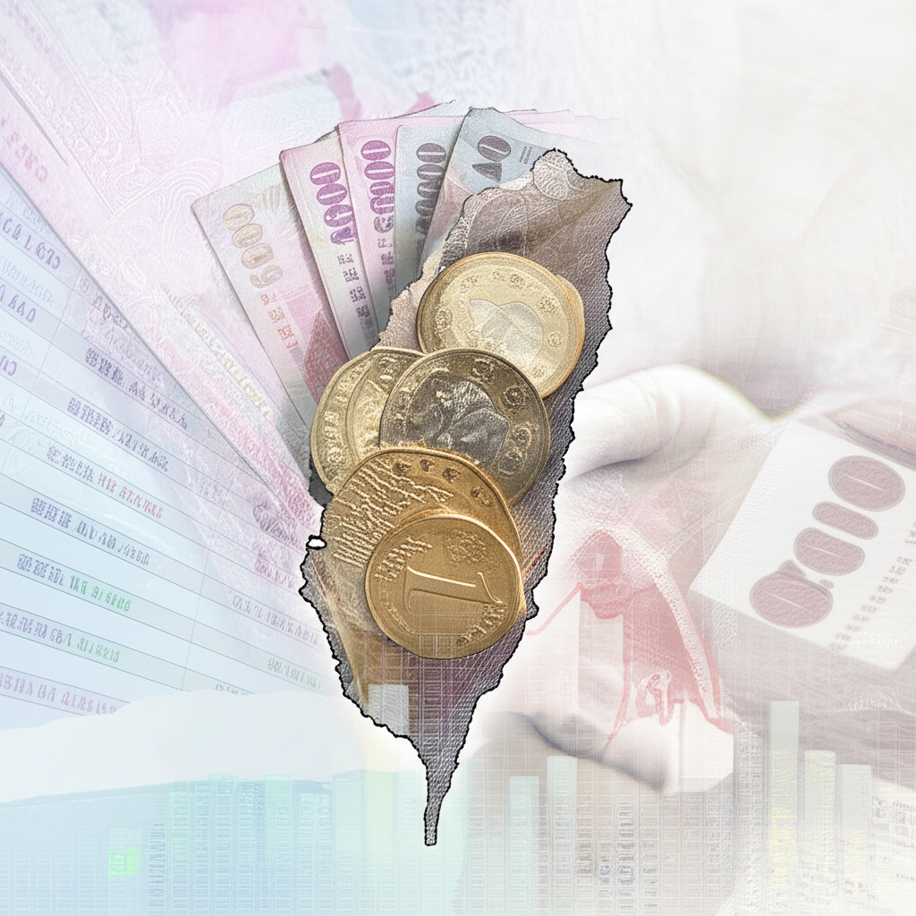 歐元硬幣與新台幣鈔票在台灣地圖上交換，背景財務數據表顯示歷史匯率，描繪貨幣對日常生活的影響