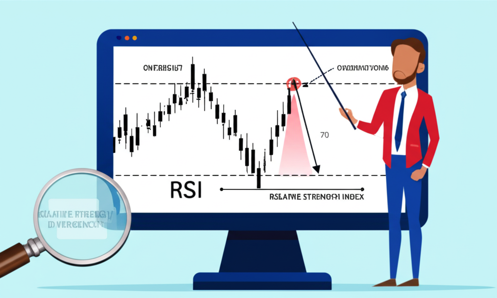 市場分析師指向RSI超買區圖表與價格反轉,放大鏡強調趨勢強度背離