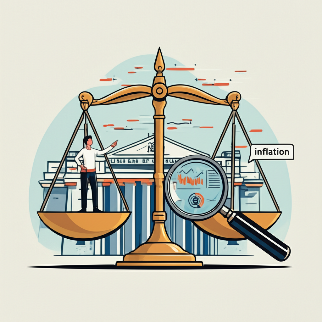 一人持衡秤平衡通膨與就業，放大鏡檢視全球商品價格，背景為 RBA 建築
