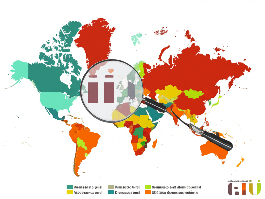 全球地圖顯示各國民主水平,經濟學人智庫標誌與放大鏡象徵民主發展的測量與分析