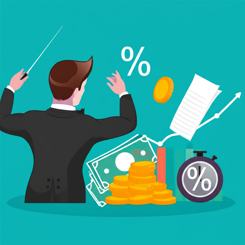 基準利率如指揮家引導金融市場的樂團,包括貨幣、圖表等象徵經濟與個人財務