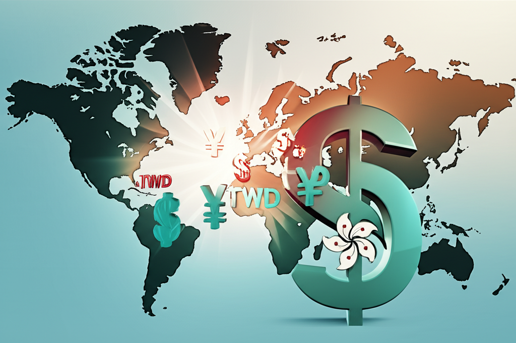 Strong NZD currency symbol attracting TWD and HKD with world map and capital flows