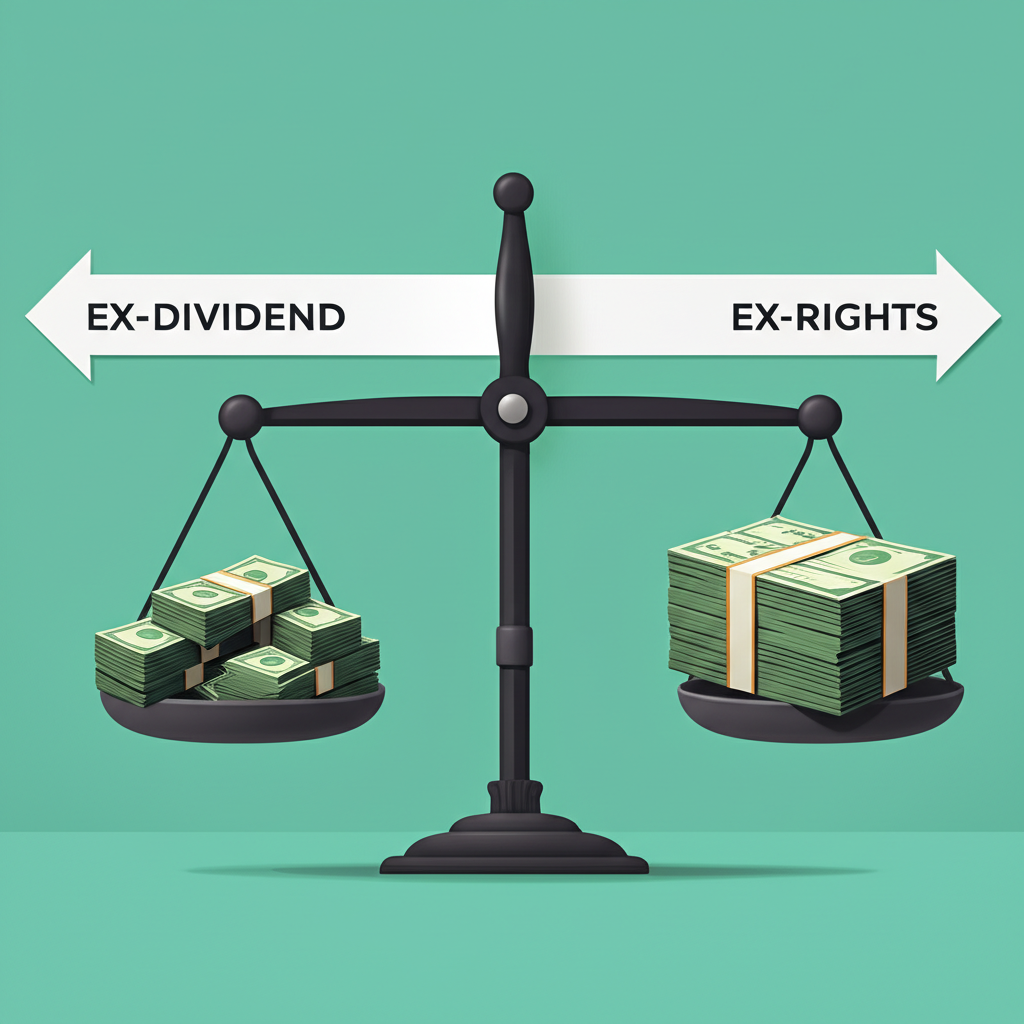 兩條路徑,一條通往現金堆標示除息,另一條通往股票堆標示除權,中間平衡秤比較