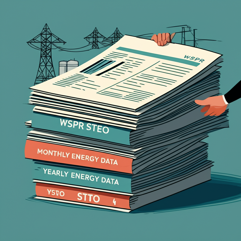能源報告與庫存插圖，顯示堆疊的文件、WPSR與STEO標籤、油桶與天然氣儲槽