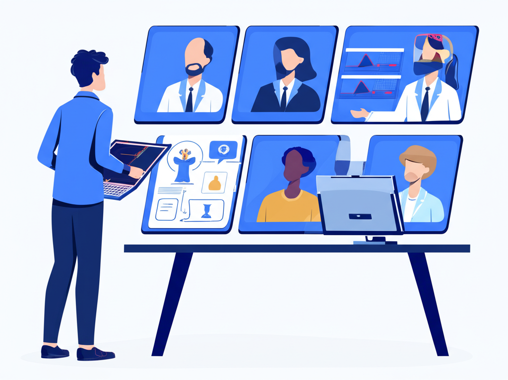 新手投資者透過螢幕觀察多位熟練交易者,線條連接顯示自動複製交易的過程,背景為簡化金融市場圖示