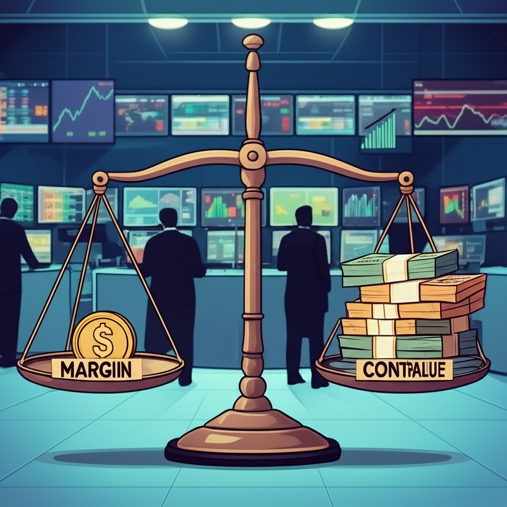 槓桿概念示意圖,展示保證金與合約價值的對比,以及24小時交易活躍度