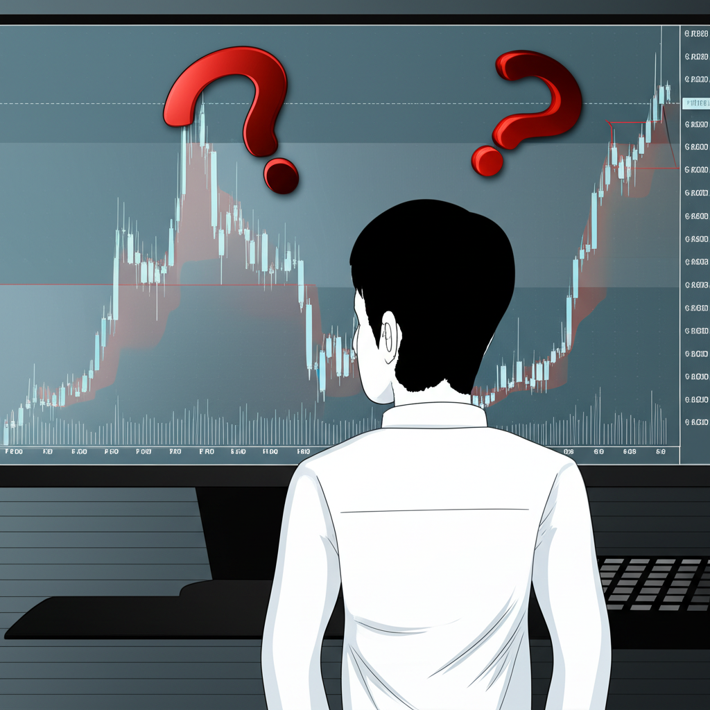 An illustration of a confused investor looking at a fluctuating RSI chart with misleading signals a question mark floating above their head