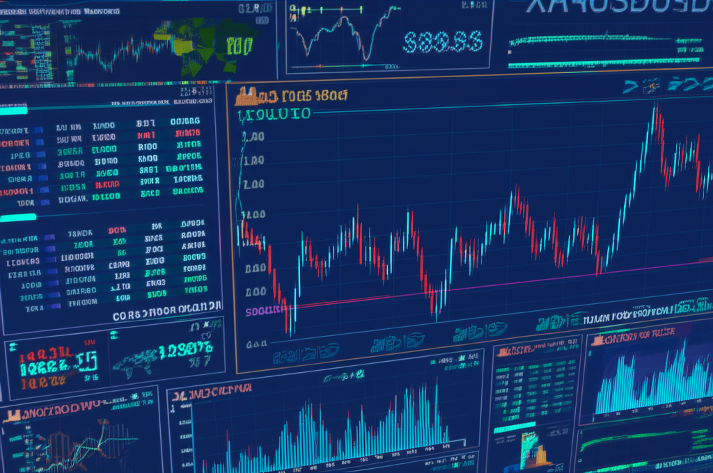 數位儀表板顯示即時金價圖表XAUUSD貨幣對與各種經濟指標,展現全球市場動態插圖