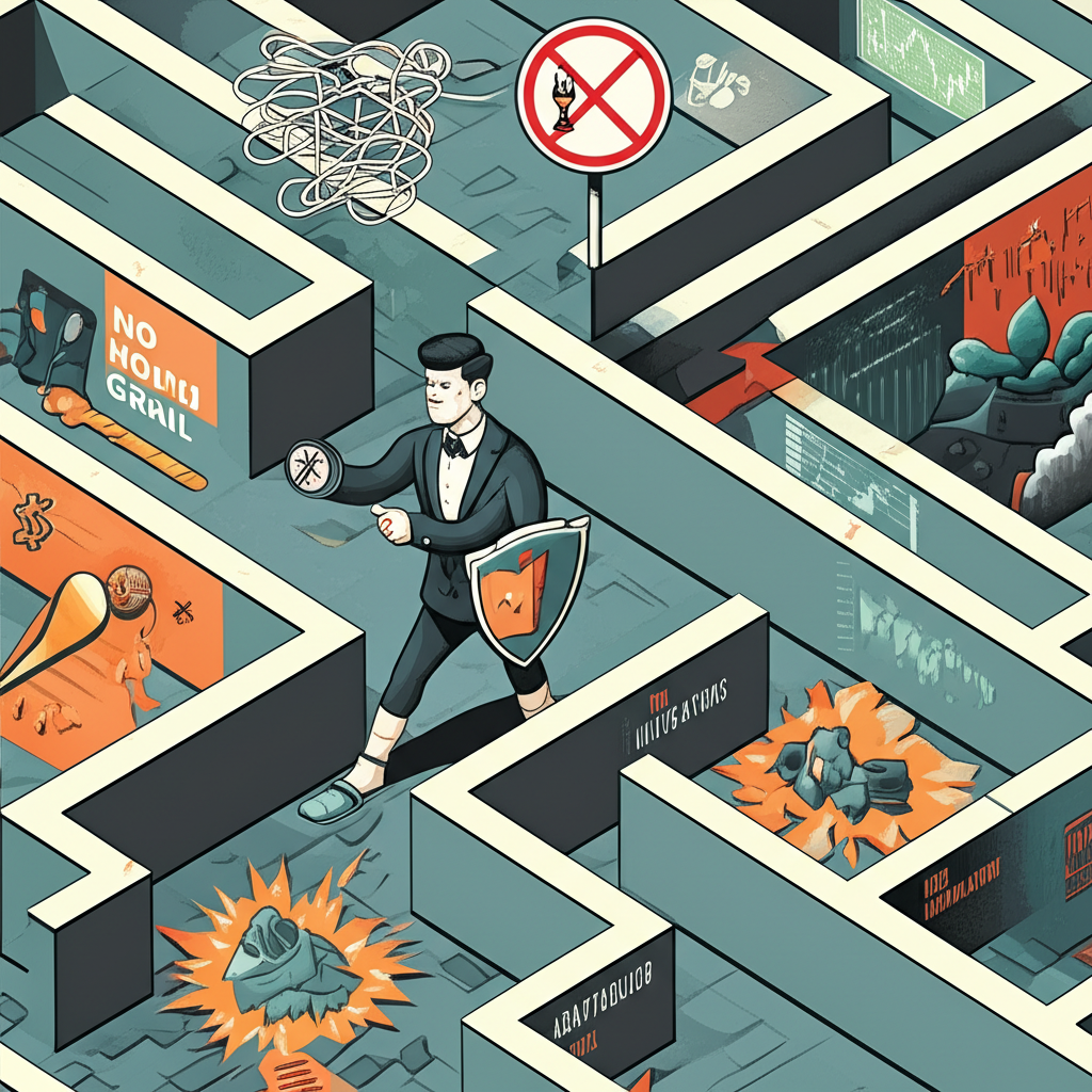 智慧交易者穿越迷宮,避免保證獲利和過多指標的陷阱,聚焦紀律、風險管理和適應性,背景有無聖杯標誌