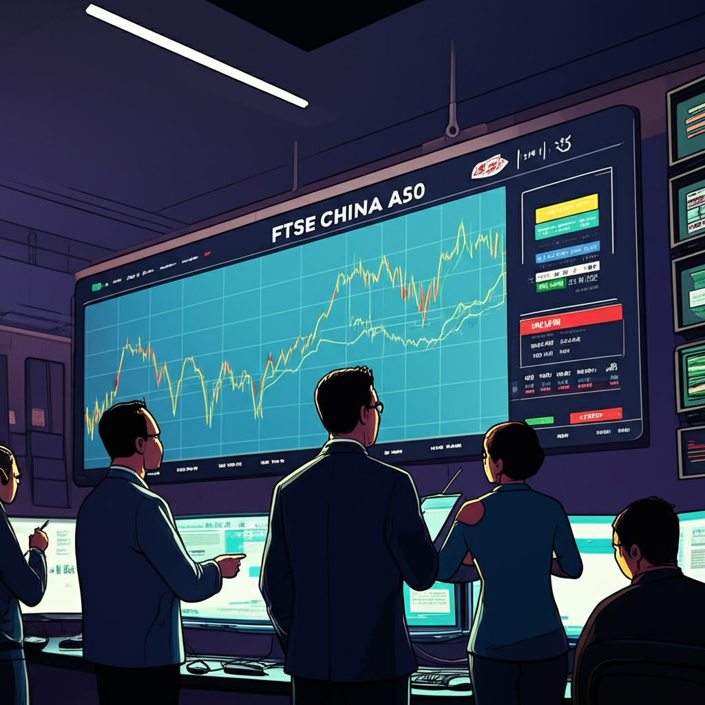 中國股市中富時中國A50指數圖表顯示與投資人觀察數據的生動插圖