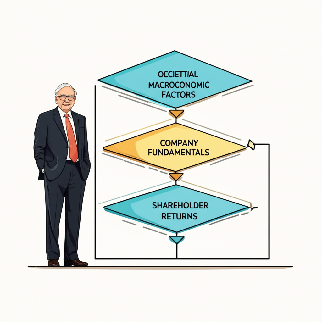 巴菲特投資邏輯流程圖,涵蓋宏觀因素、公司基礎與股東回報