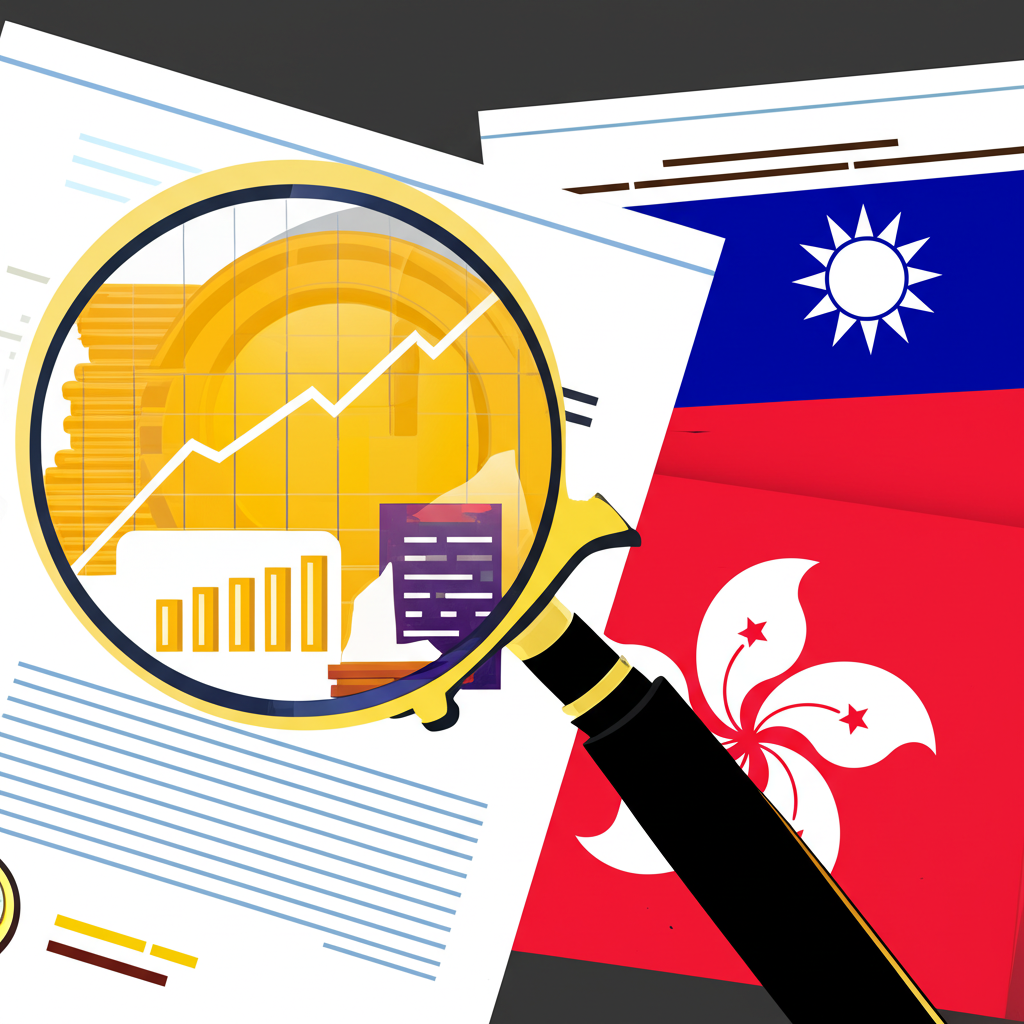 黃金投資管道與台灣香港指南插圖,顯示放大鏡檢視金幣、數位圖表及台灣香港旗幟