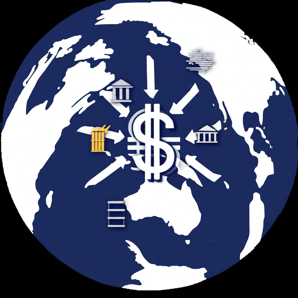 全球經濟景觀中澳元符號居中,周圍環繞貿易、大宗商品價格與央行政策的箭頭,強調其重要性和影響力