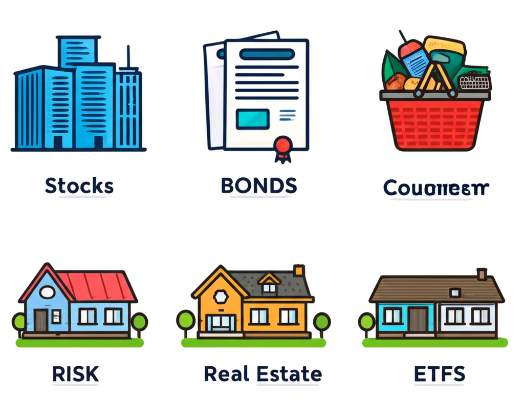 不同投資類型插圖,包括股票如公司大樓、債券如貸款文件、ETF如資產籃子,以及房地產如房屋,每種顯示獨特的風險與報酬特徵