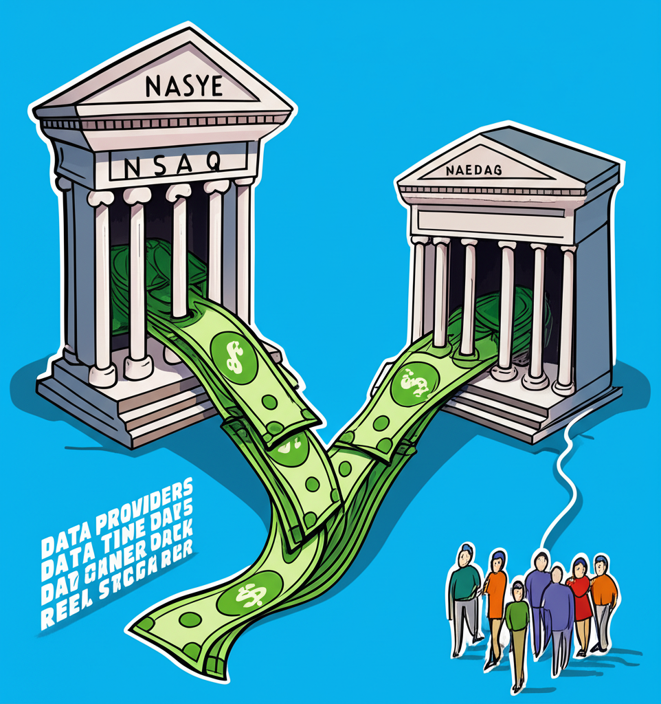 紐約證券交易所與那斯達克大樓插圖,資金流向數據供應商與券商代表即時數據高授權費,公眾免費延遲數據小溪流
