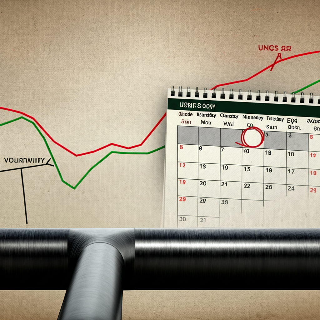 天然氣管線伴隨波動價格圖表及合約轉倉曆程的插圖,代表 UNG 的期貨策略