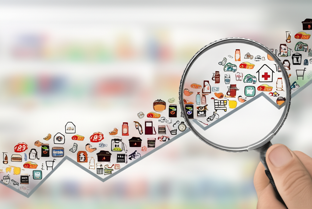 放大鏡檢視波動價格圖表，背景有各種商品與服務，象徵通貨膨脹的定義與理解