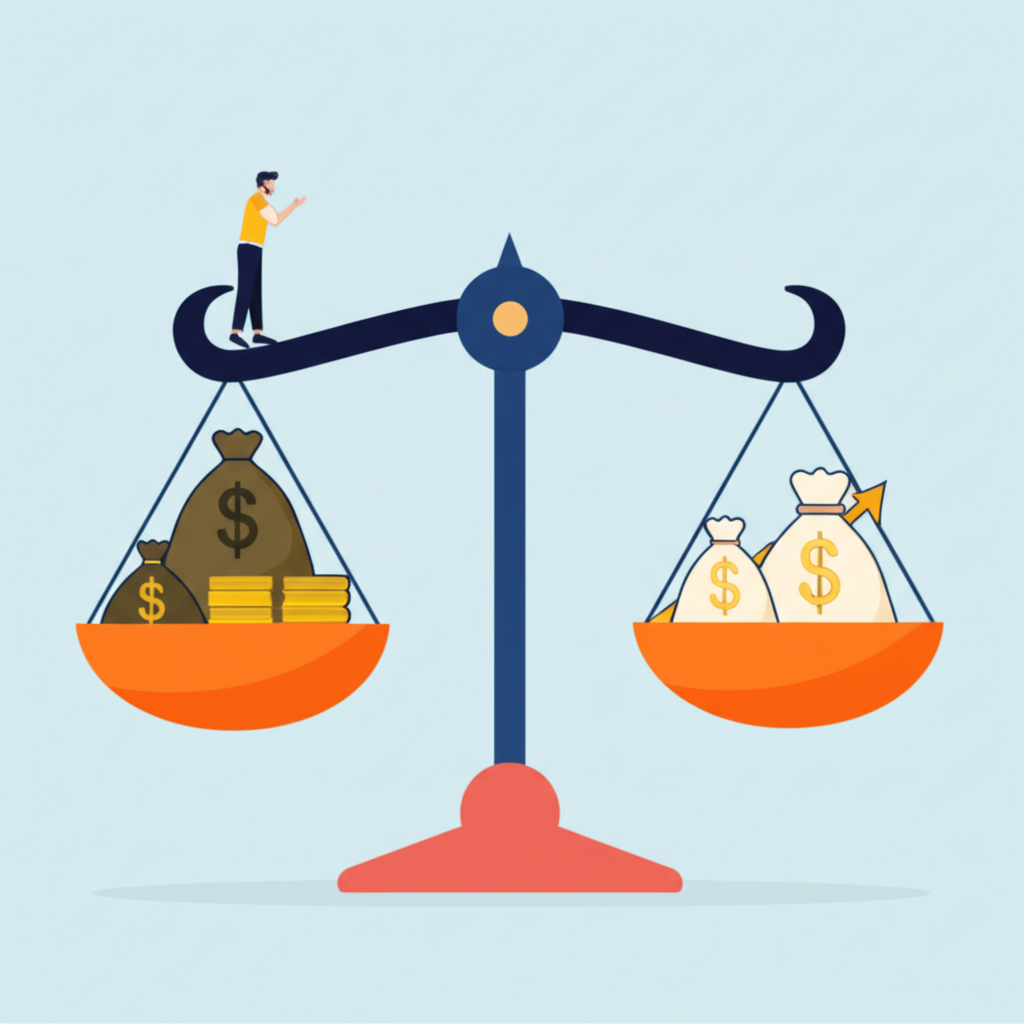一位人士使用天平評估兩種投資選項,展示錢袋與成長圖表,象徵投資報酬率