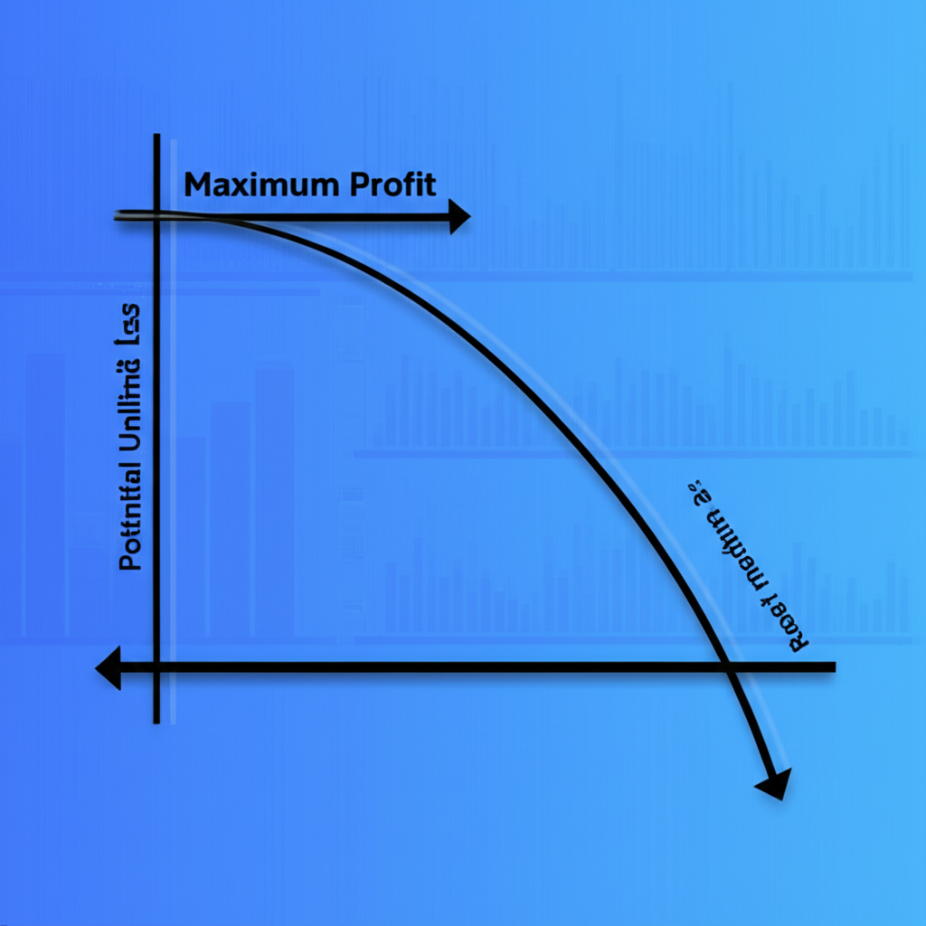 鉤形財務圖表顯示最大獲利為平線，急降線代表無限損失潛力，以及不同市場情境的影響