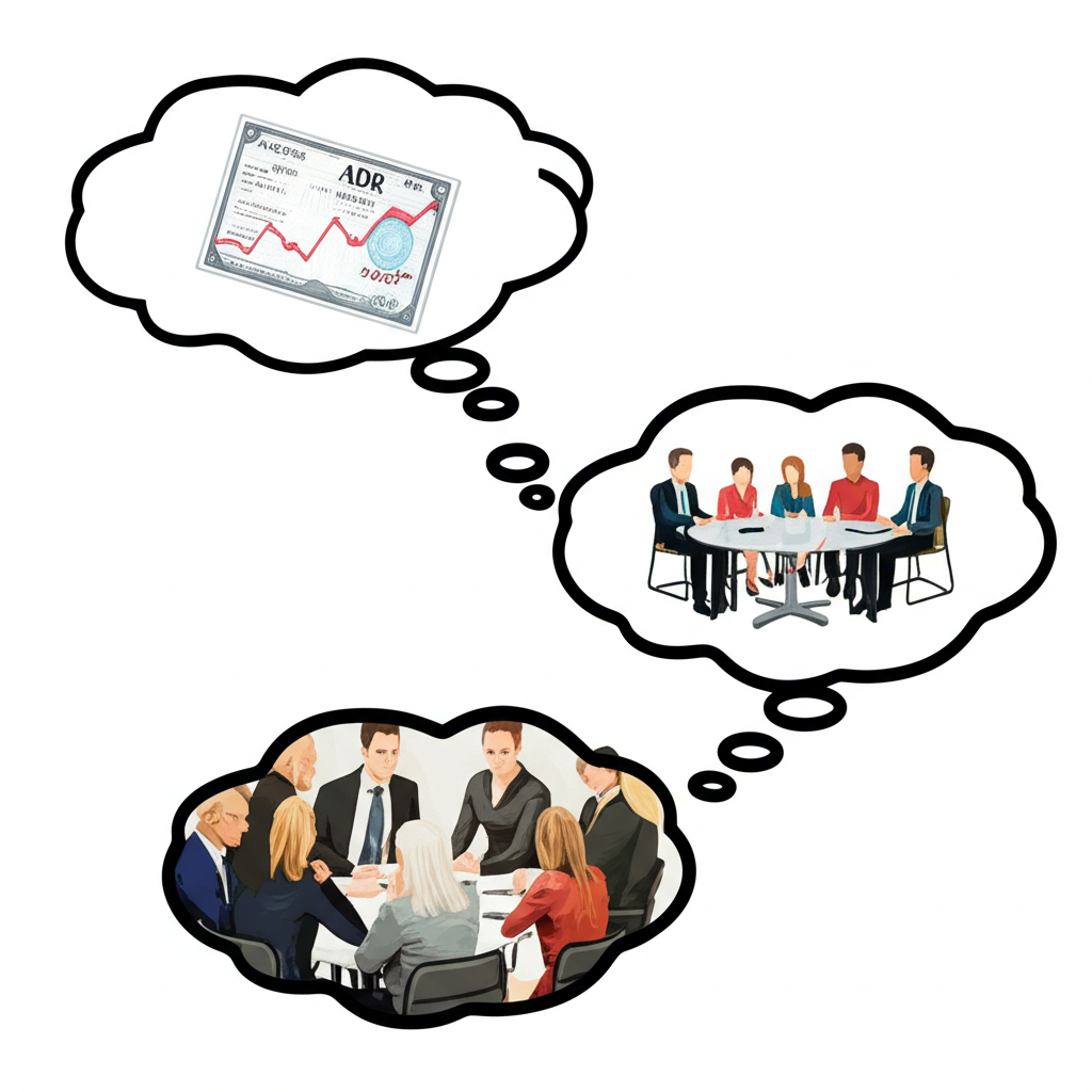 金融ADR與法律ADR的不同含義對比圖,包含股票憑證與調解場景