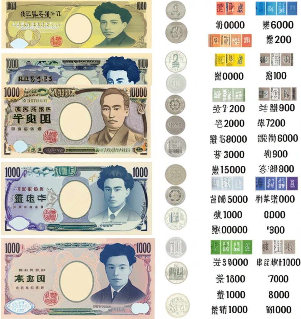 日圓紙鈔和硬幣的詳細資訊圖表,顯示面額、正面背面設計和顏色