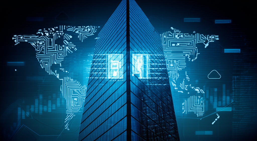 Microsoft as a towering tech giant with AI symbols and cloud computing elements influencing global stock charts