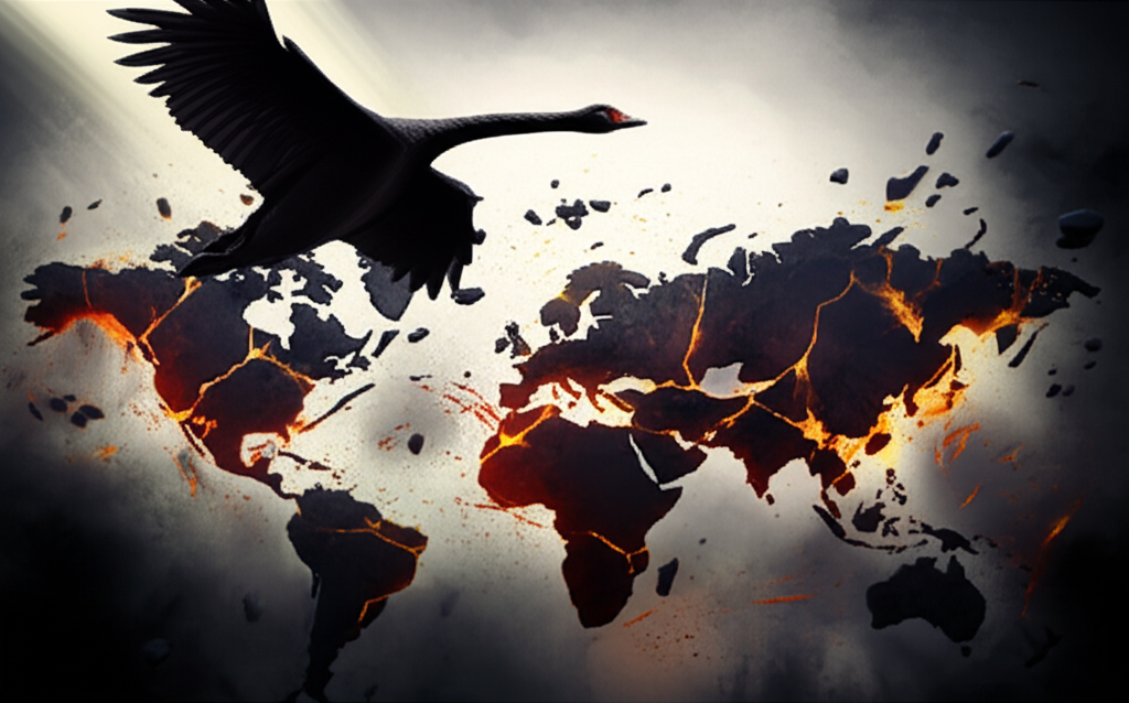 黑天鵝事件插圖:一隻神秘的黑天鵝飛越混亂的世界地圖,象徵經濟與社會的意外顛覆