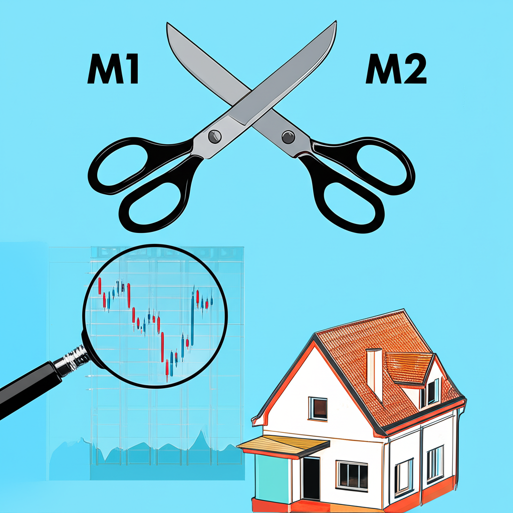 M1 和 M2 財務圖表如剪刀交叉,放大鏡聚焦股市和房屋圖表,代表資產價格的預測