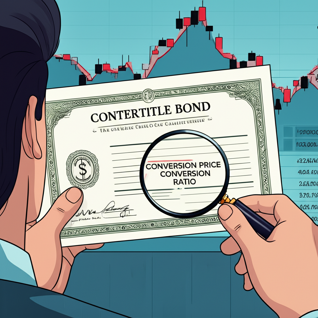 投資者手持可轉債證書,透過放大鏡檢視股價走勢與轉換價格計算