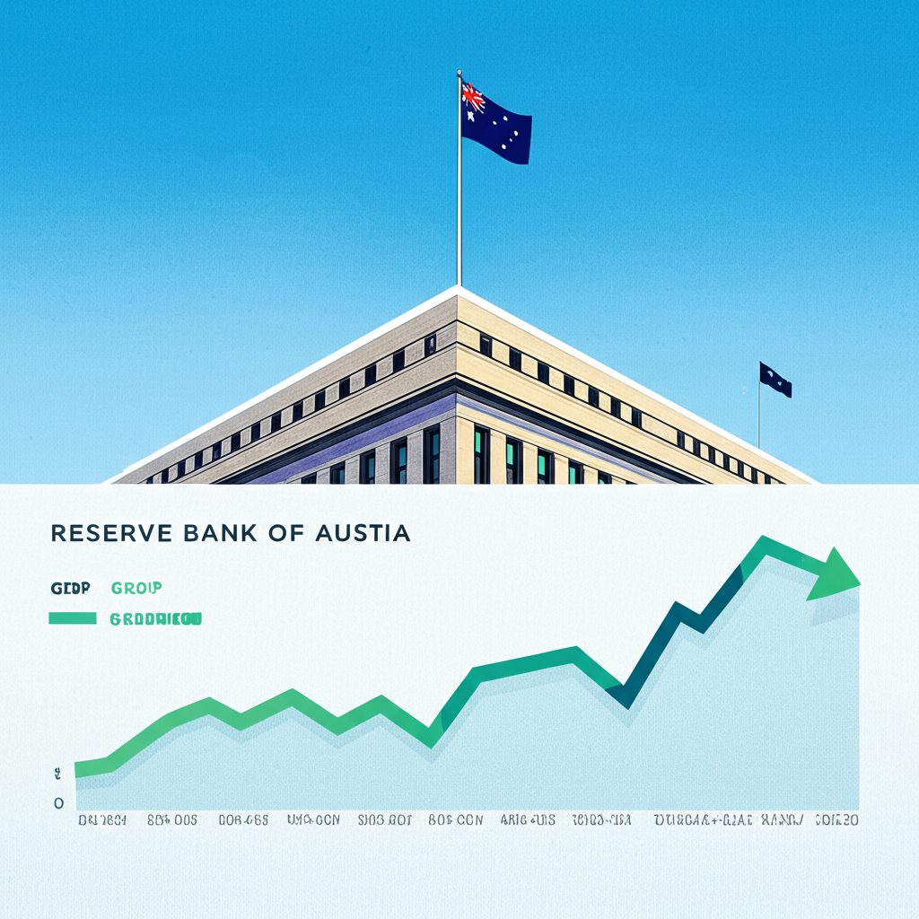 充滿活力的澳洲經濟圖景,顯示上升的GDP、低失業率和穩定通貨膨脹的圖表,背景有澳洲儲備銀行建築