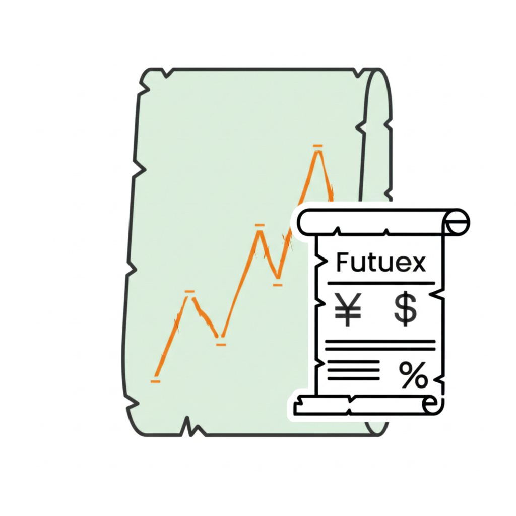 An illustration showing the conceptual fusion of a stock market index represented by a rising and falling line and a futures contract depicted as a scroll with financial symbols allowing investors to participate in index movements despite basis differences