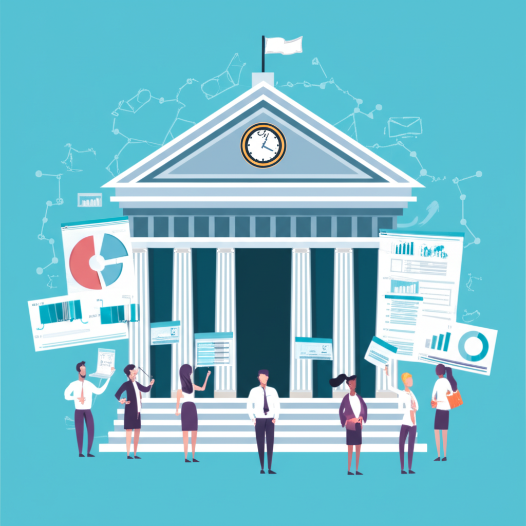 中央銀行大樓如權威機構,經濟學家分析圖表象徵貨幣政策決策過程